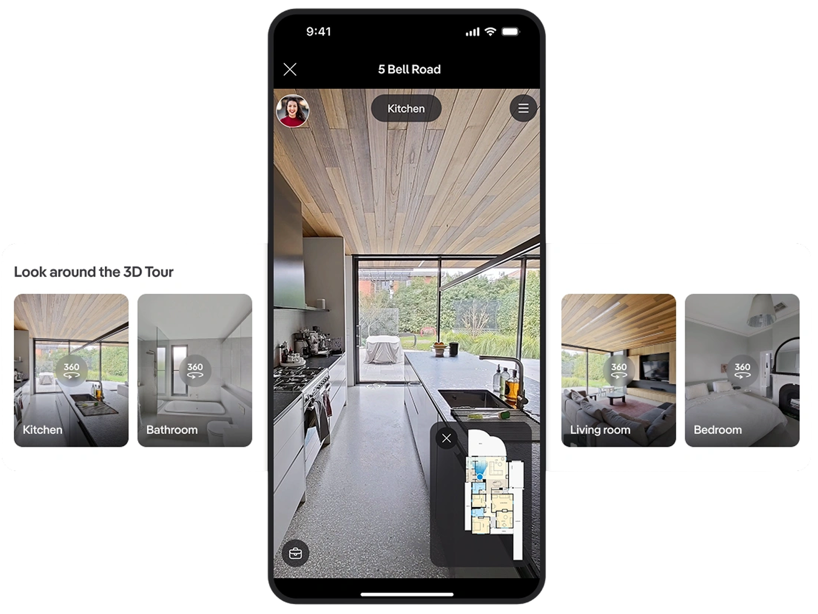 iGUIDE 3D tour of a home embedded in the realestate.com.au mobile app, showing a kitchen panorama with a floor plan overlay and room thumbnails for Kitchen, Bathroom, Living room and Bedroom