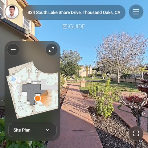 3D virtual tour interface showing an exterior site view with navigation controls