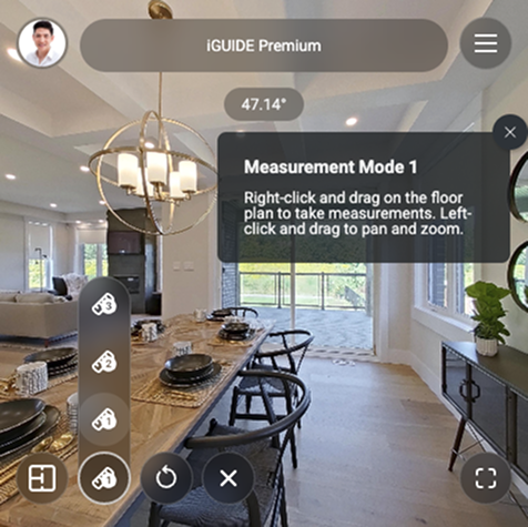 iGUIDE measurement mode showing live room dimensions inside the virtual tour